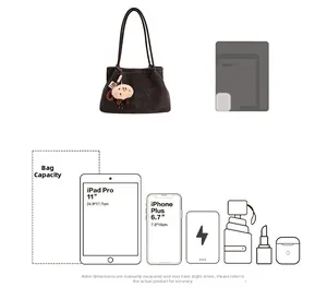 Detailed capacity guide for large suede tote bag showing iPad and iPhone storage space