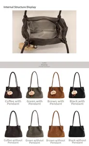 Detail view of large faux suede tote bag interior structure and four color options