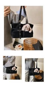 Detail of black suede tote bag with white contrast stitching and plush rabbit charm