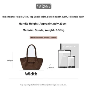 Size chart showing suede tote bag dimensions with iPad and A4 paper for scale comparison