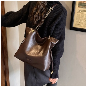 Detail of coffee brown bucket bag featuring thick gold chain strap and metal logo plate