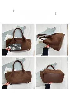 Detailed four-way views of dark brown suede tote bag showing capacity and structure