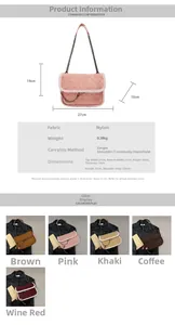 Detailed view of quilted fleece crossbody bag dimensions and autumn-winter color options