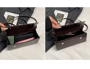 Sac rectangulaire en cuir marron foncé montrant la poche principale spacieuse pour objets