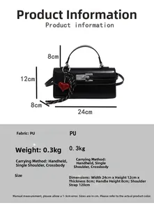 Sac à main noir en PU 24x12x8cm avec breloque cœur rouge et foulard en soie détaillé