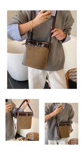 Vue triple d'un sac seau en daim marron avec détails de lanières en cuir chic