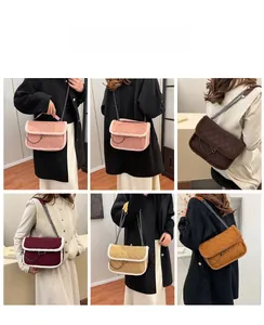 Quilted crossbody bags with plush trim and black chain straps in various colors