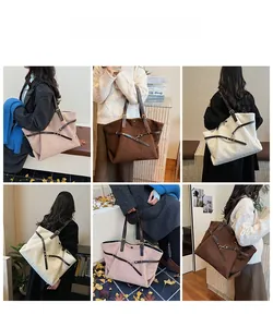 Collage di borse tote in peluche rosa, marrone e beige con dettagli della borsa autunnale