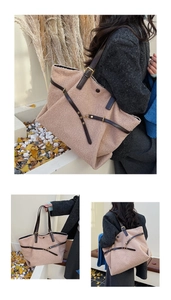 Dettaglio della borsa tote in peluche con ecopelliccia kaki e accenti in pelle marrone