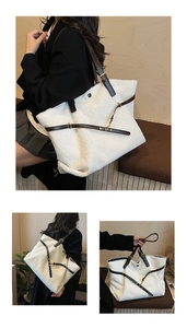 Dettaglio della borsa tote in pile bianco con tracolle in pelle marrone e fibbie laterali