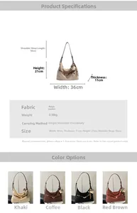 Detailed size chart for suede dumpling bag showing 36x11x21cm and four color options
