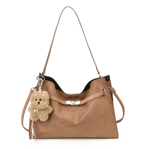 Large capacity brown faux suede tote bag with cute plush bear charm and silver lock