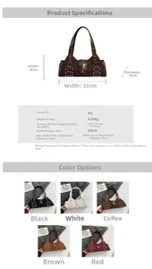 Size chart and technical specifications for the punk rivet leopard print PU leather handbag