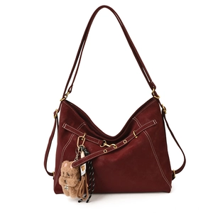 Dark red vintage matte women shoulder bag multi-functional slouchy tote bag with cute bear charm