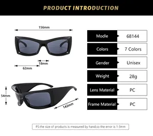 Detailed size chart for retro cat-eye sunglasses including lens width and frame dimensions