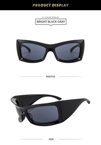 Detail view of bold black cat-eye sunglasses with gray lenses from front and side angles