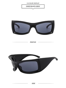 Detail view of matte black retro cat eye sunglasses with thick frames and gray lenses