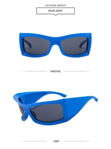 Detail view of blue-gray thick frame sunglasses with retro cat eye design in C4 colorway