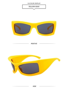 Detailed front and side views of chunky yellow cat eye sunglasses with grey lenses