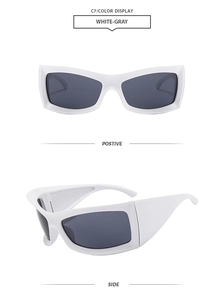 Front and side views of thick white frame wrap-around sports sunglasses with grey lenses