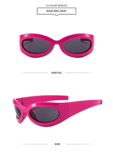 Vue détaillée de lunettes de soleil sport rose vif avec verres gris et style Y2K