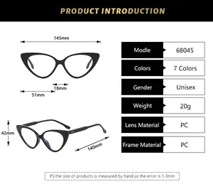 Size chart showing 145mm width and 140mm temple length for these cat-eye glasses