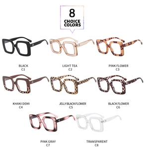 Detailed grid of eight color options for stylish oversized square frame blue light glasses