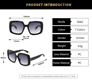 Specifiche dettagliate e dimensioni per questi occhiali da sole unisex con montatura quadrata
