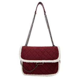 Quilted burgundy faux fur shoulder bag with chain strap for 2025 autumn winter