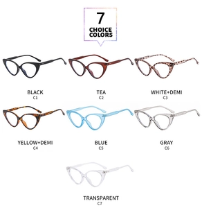 Detailed grid of cat-eye eyewear frames in seven stylish colors from black to transparent