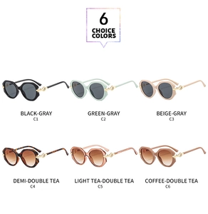 Matrix view of six oversized fashion sunglasses in various colors with gold metal hinges