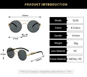 Detailed sizing chart and technical specifications for retro double-bridge metal sunglasses