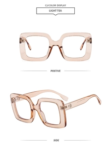 Detailed front and side views of light tea square frame glasses with metal logo