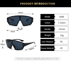 Detailed size chart for oversized wraparound cycling sunglasses with specific dimensions