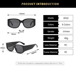 Tableau des tailles et spécifications pour lunettes de soleil PC unisexes vintage avec dimensions