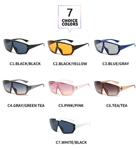 Grid display of seven colorful oversized shield sunglasses for outdoor sports fashion