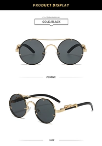 Detailed views of gold and black double-bridge round sunglasses with leopard emblems