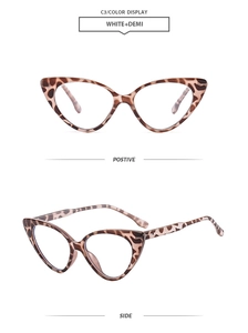 Front and side view of trendy leopard print cat-eye glasses frames with white detail