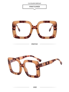 Detail view of pink flower leopard square frame glasses with silver HD metal logo
