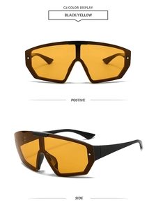 Front and side view of sporty oversized shield sunglasses with yellow lenses and black frames
