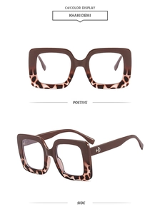 Detailed view of khaki demi square frame glasses with metal HD logo and stylish leopard pattern