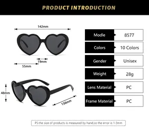 Detailed size specifications for classic heart-shaped sunglasses with PC frames