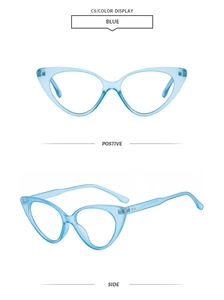 Detailed views of translucent blue cat-eye glasses frames with a vintage aesthetic