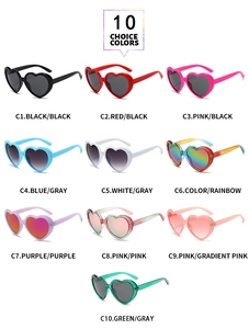 Matrix of heart-shaped sunglasses in 10 colors including pink, purple, and green