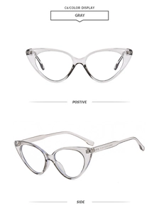 Close-up of gray transparent cat-eye glasses frame with side and front view details