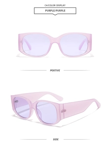 Vues de face et de profil de lunettes de soleil ovales tendance violet lavande à monture large