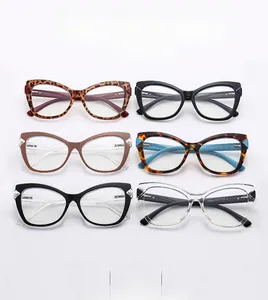 Detail view of six cat-eye glasses frames in leopard, black, and transparent finishes