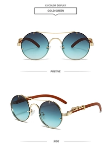 Detail of retro round sunglasses with wood grain temples and golden leopard emblem