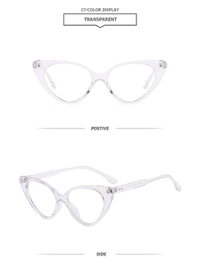 Detail view showing transparent cat-eye glasses frames from front and side angles