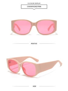 Vues frontale et latérale des lunettes de soleil ovales rétro rose champagne teintées